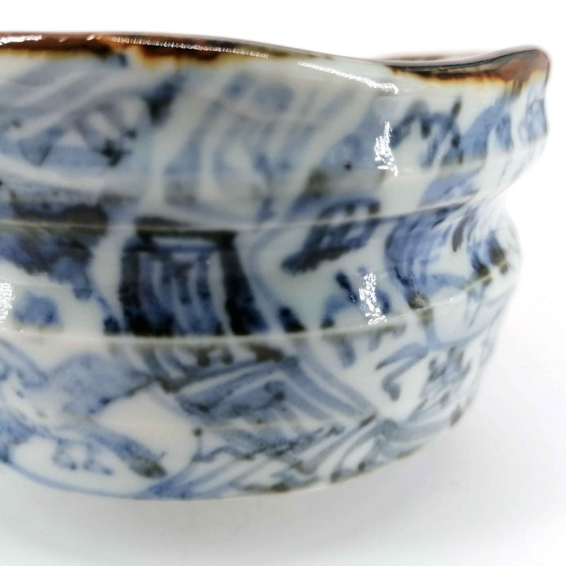Ciotola in ceramica per la cerimonia del tè, bianca con motivi tradizionali blu - ANSENIKKU