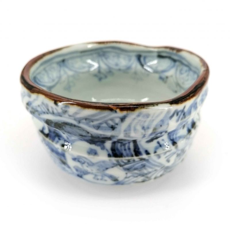 Ciotola in ceramica per la cerimonia del tè, bianca con motivi tradizionali blu - ANSENIKKU