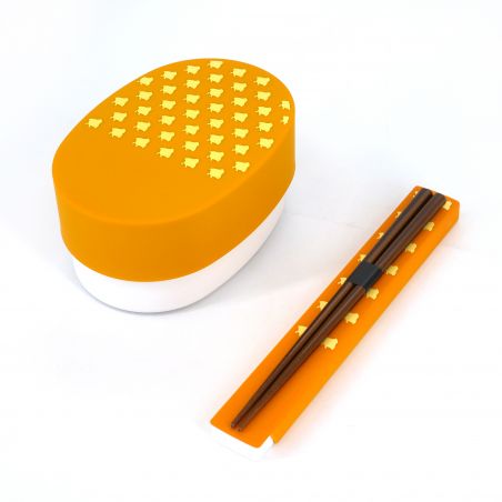 Japanese oval bento lunch box, YAMABUKI NAMICHIDORI, yellow + chopsticks