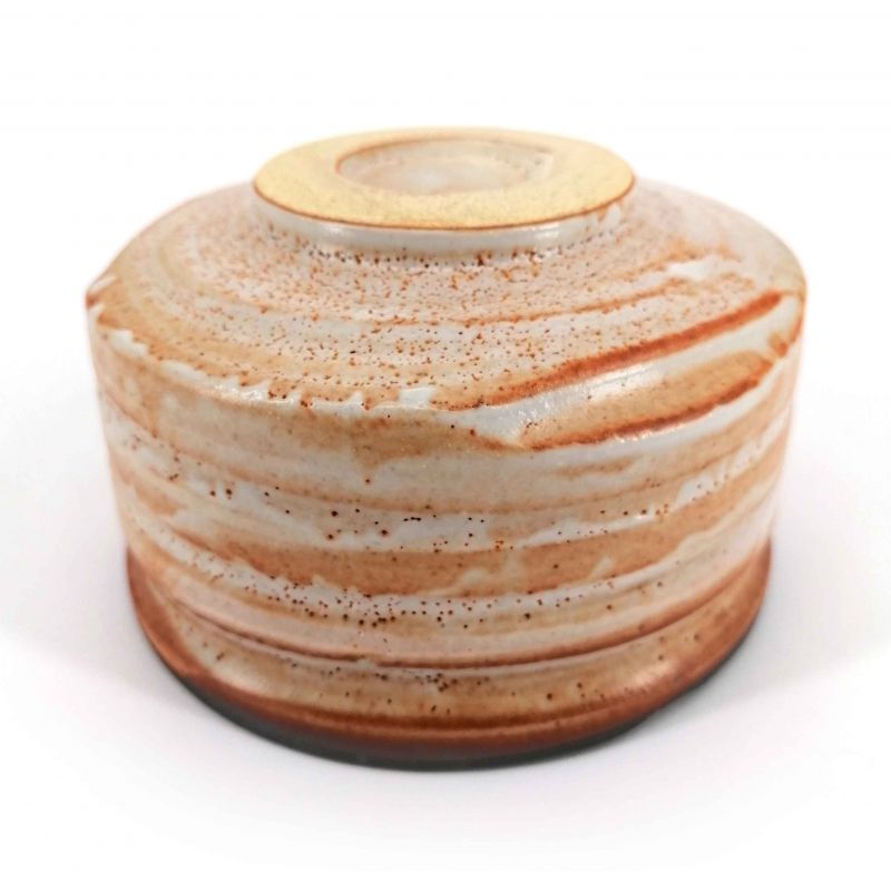 Bowl for Japanese tea ceremony in ceramic, striped white and orange - SHIMA