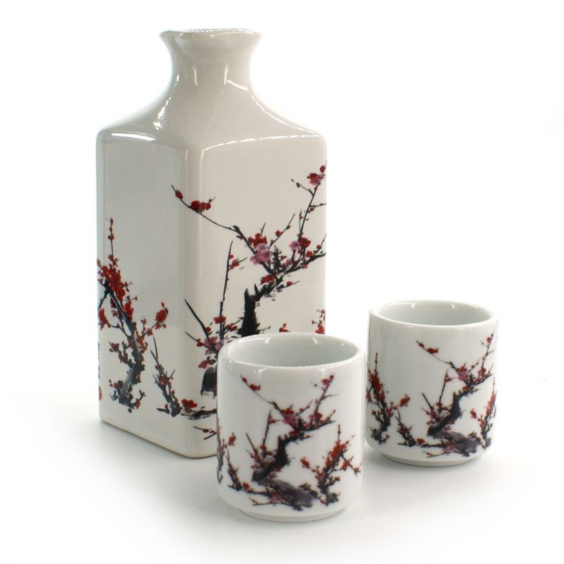 Servizio di sake 1 bottiglia e 2 tazze, FURUKI UME, fiori di pruno