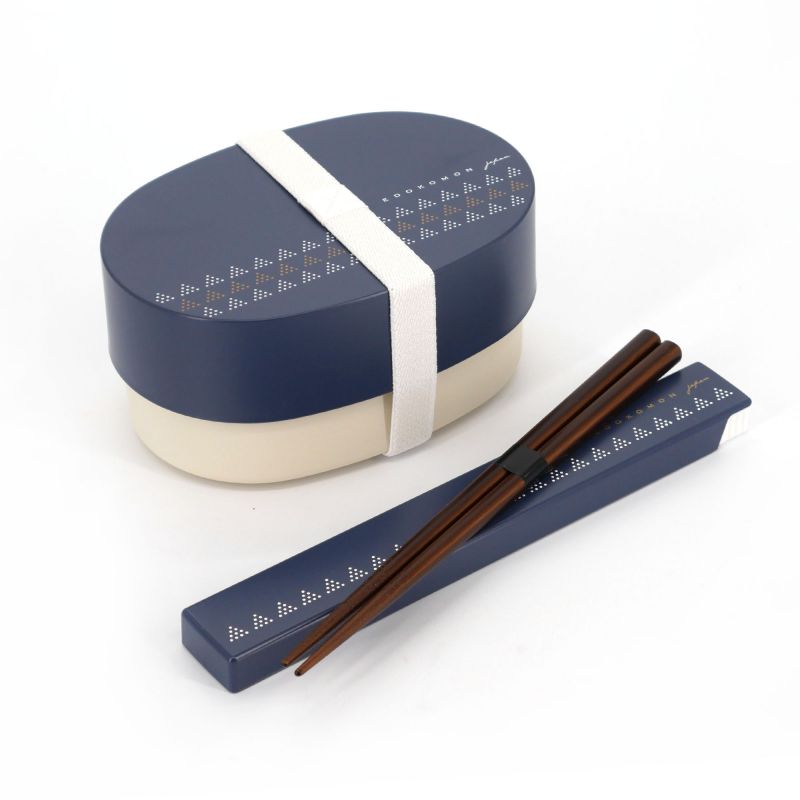 Fiambrera bento japonesa ovalada azul con patrón Edo tradicional y su par de palillos a juego, UROKOMON, 13,6 cm