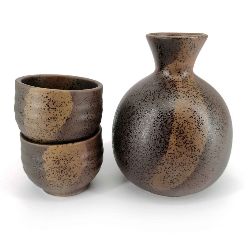 Servicio de sake de cerámica, botella y 2 tazas, tonos marrones - NYUANSU