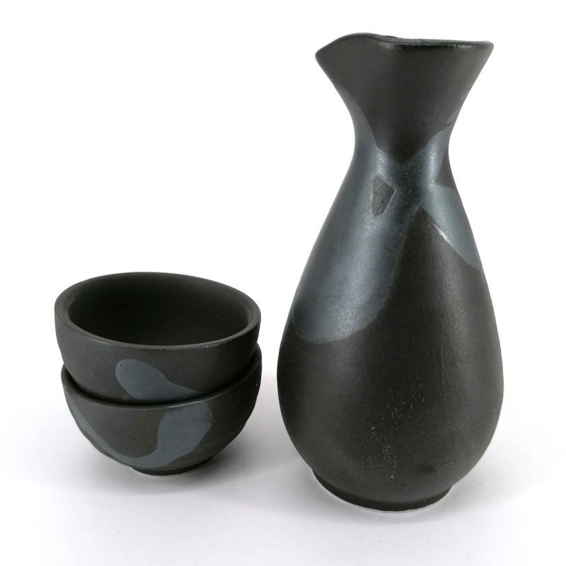 Servizio di sake in ceramica, bottiglia e 2 tazze, nero e grigio argento - GIN