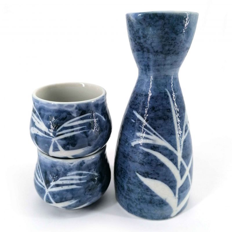 Keramik Sake Service, Flasche und 2 Tassen, blau und weiß - TAKE