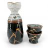 Servizio di sake in ceramica, bottiglia e 2 tazze, marrone, motivi spazzolati - MIGAKIMASU
