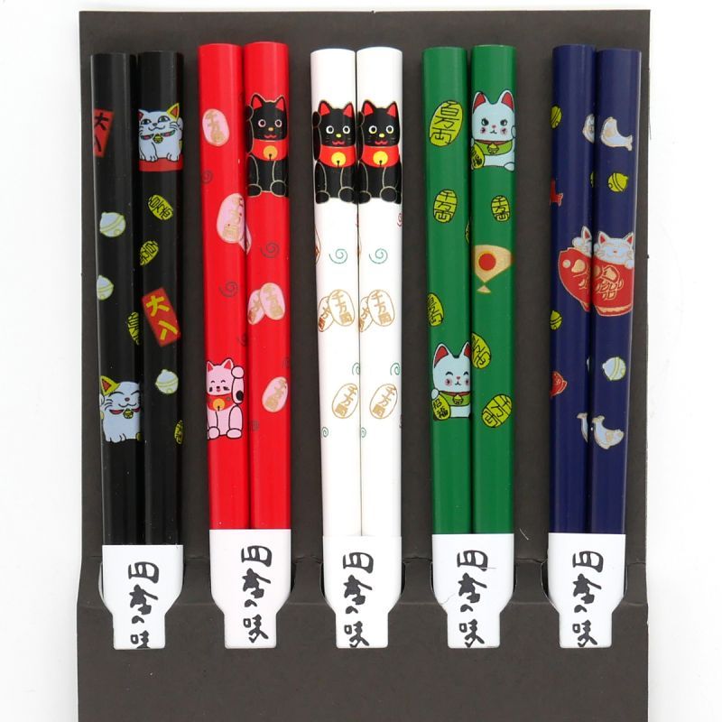 Set de 5 paires de baguettes japonaises en bois MANEKINEKO, MANEKINEKO, multicolor