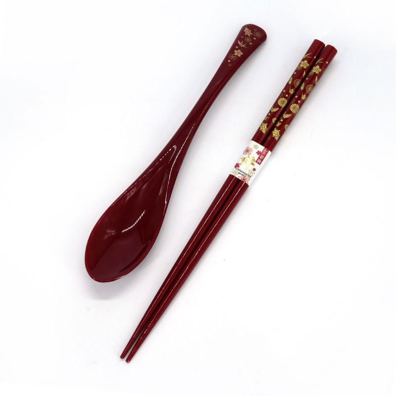 Coppia di bacchette giapponesi rosse in legno con motivo gru e tartaruga e cucchiaio in resina abbinato - TSURUKAME - 22,5 e 19,