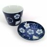 Tasse à thé en céramique avec soucoupe, bleu et fleurs - HANA CHIDORI