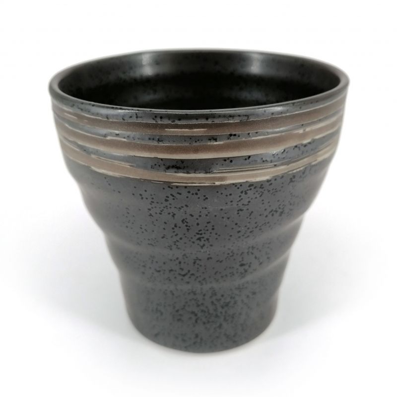 Tasse à thé japonaise en céramique évasée, noir lignes marron - GYO