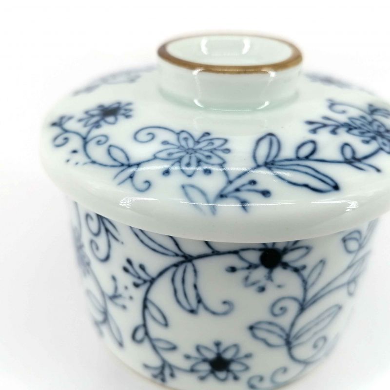 Japanese mug with lid chawan mushi, white, blue floral pattern - BURUFURORARU