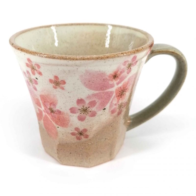 Japanese ceramic mug with handle, beige and pink - SAKURA