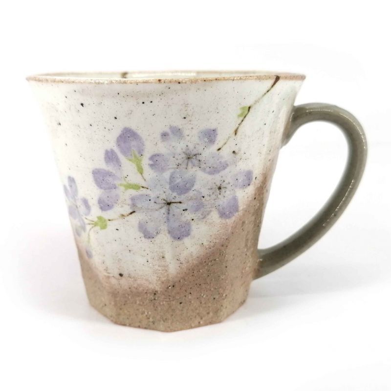 Taza de cerámica japonesa con asa, beige y violeta - SAKURA