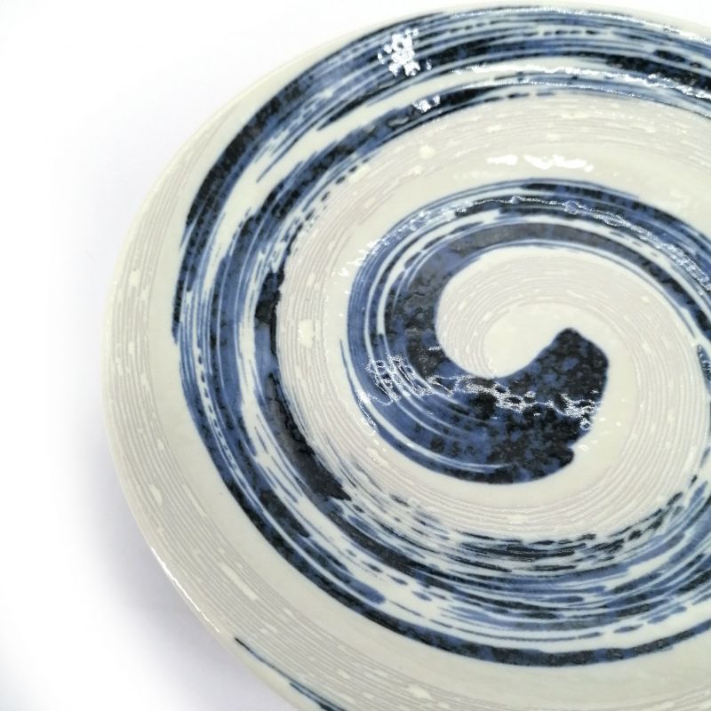 Piatto rotondo in ceramica, blu e bianco, effetto pennello - SENPU
