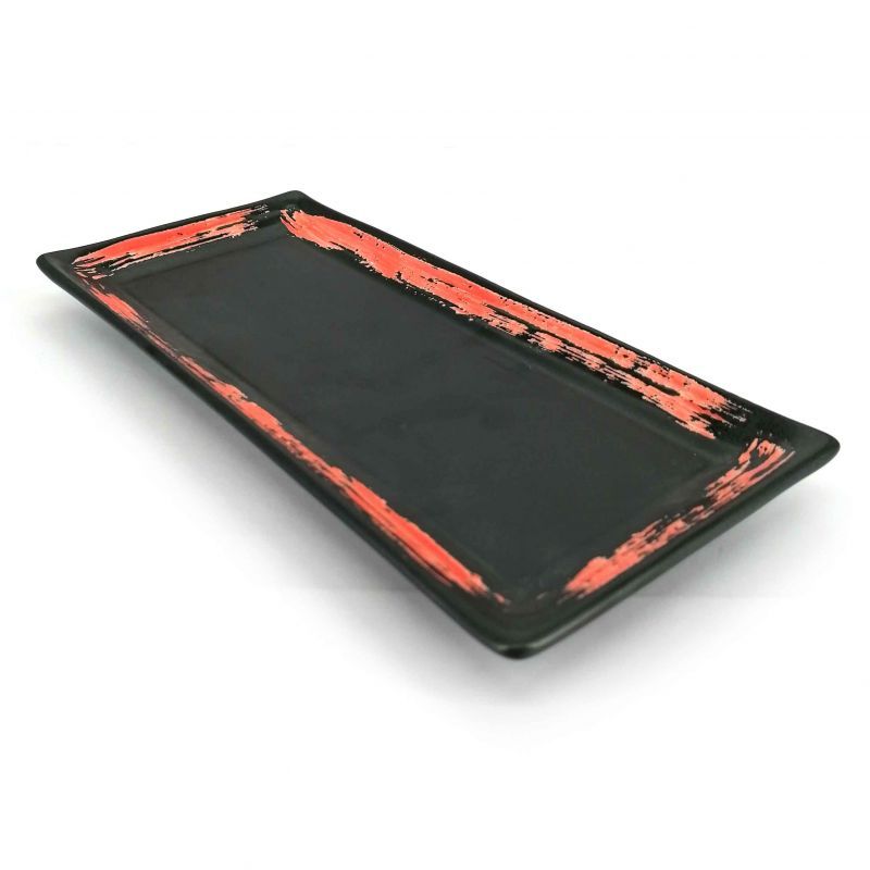 Japanese rectangular plate in black ceramic with red brush - MIGAKIMASU