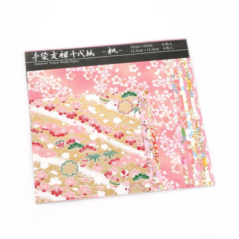 Lot de 12 feuilles carrées japonaises rose - YUZEN WASHI PAPER