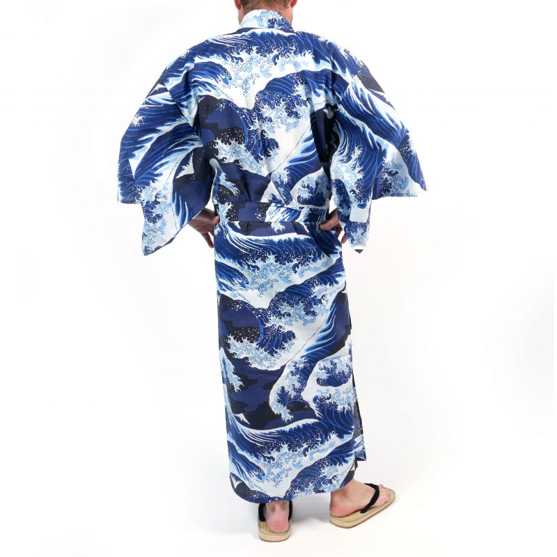 Yukata japonés con estampado de ondas de algodón azul y blanco para hombre - NAMIFUJI