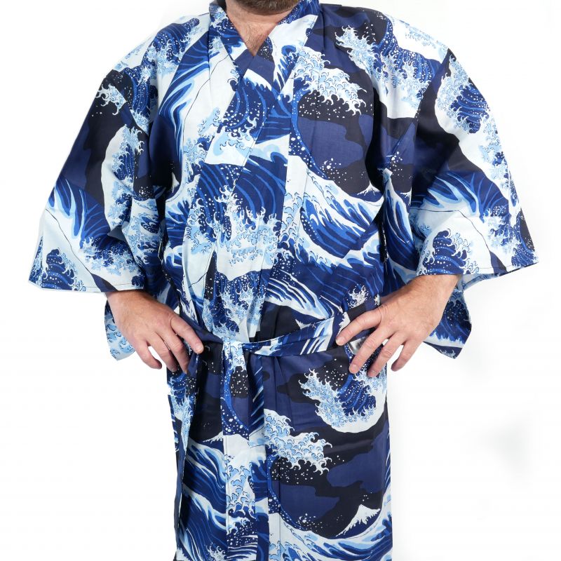 Yukata japonés con estampado de ondas de algodón azul y blanco para hombre - NAMIFUJI