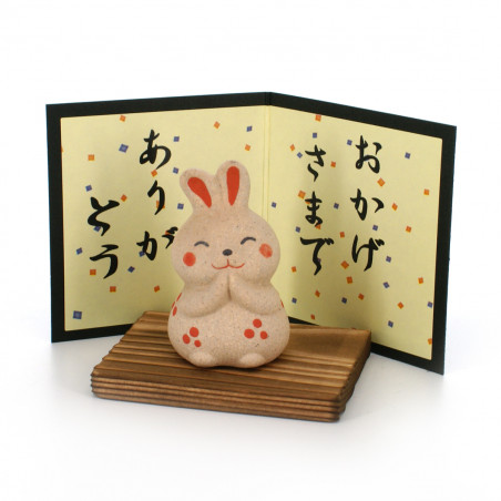 Großes japanisches weißes Kaninchen-Ornament aus Keramik in lila Kimono,  HANAUSAGI, 14 cm