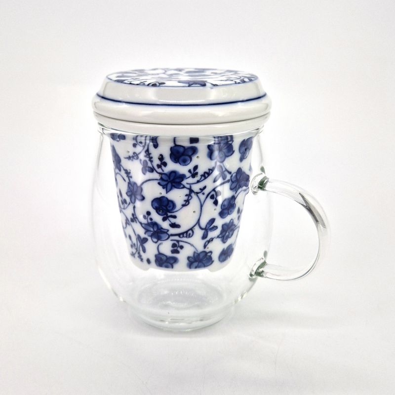 Tasse à thé en verre et céramique japonaise avec couvercle, motifs bleus et blancs, HANA