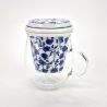 Taza de té japonesa de vidrio y cerámica con tapa, motivos azules y blancos, HANA