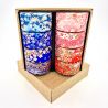 set of 8 flat blue or pink Japanese tea canisters in washi paper, YUZEN HANA, 40 g