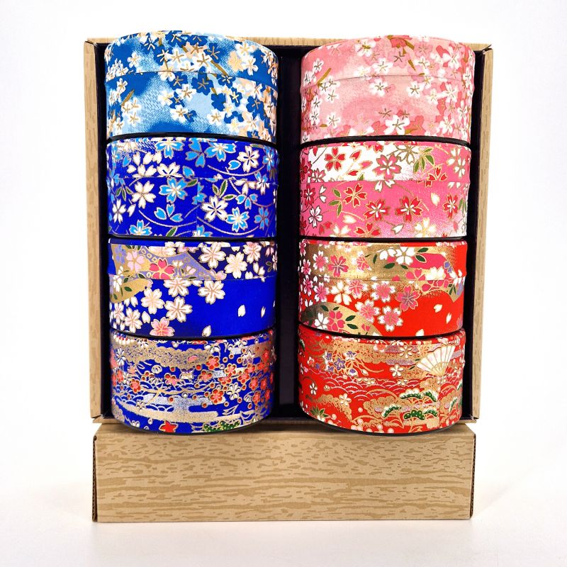 Set mit 8 flachen blauen oder rosafarbenen japanischen Teedosen aus Washi-Papier, YUZEN HANA, 40 g