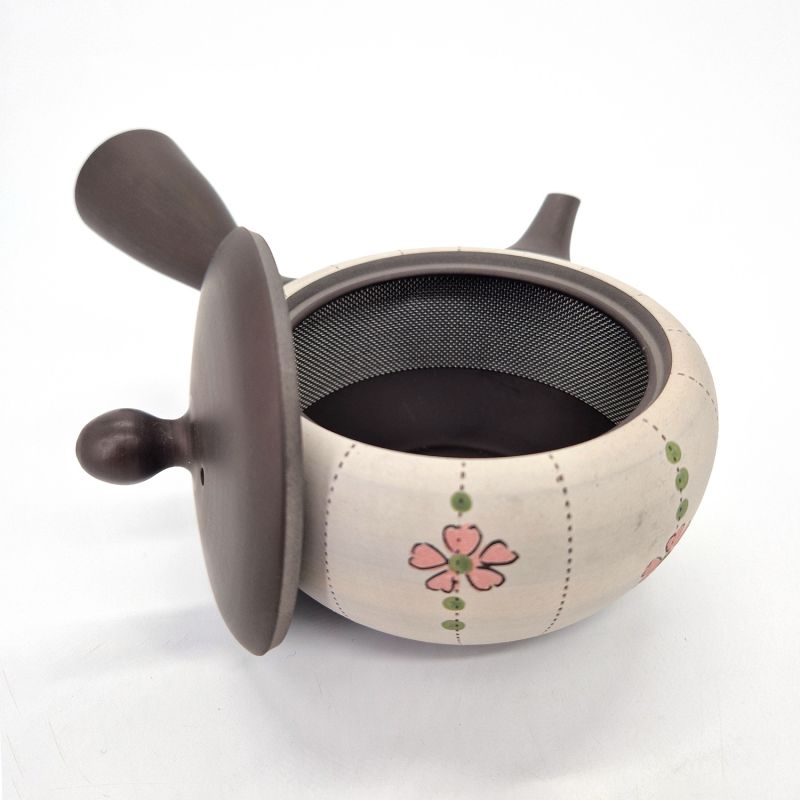 Tokoname Japanese kyusu teapot in black and white earthenware with flower pattern, 250cc