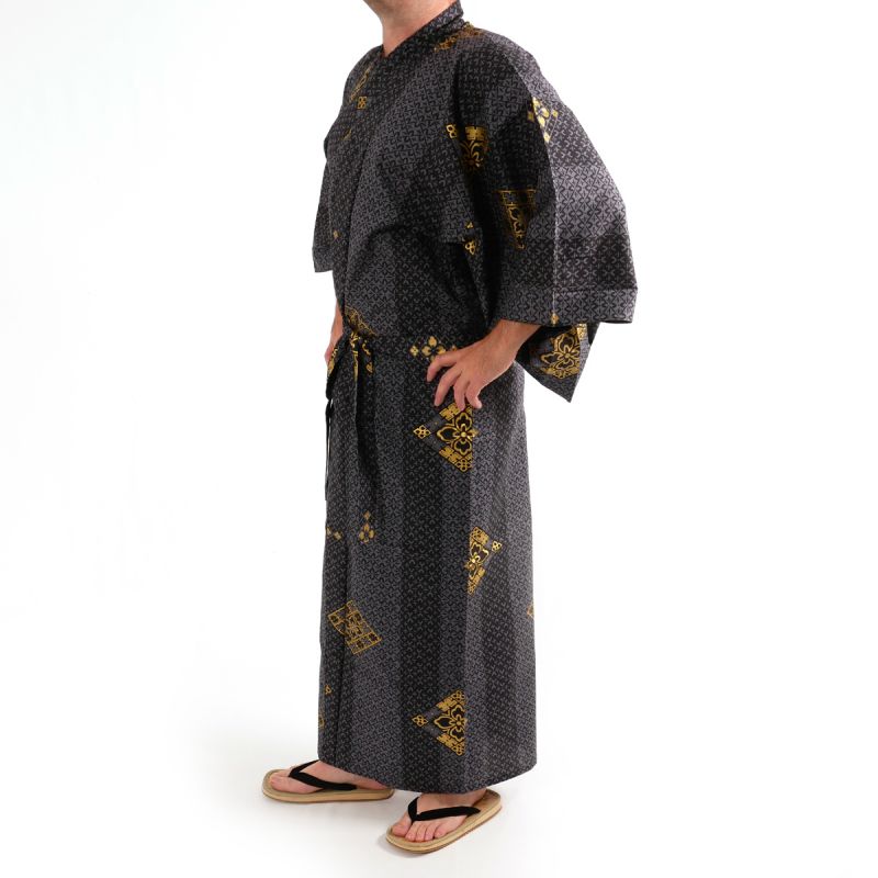 Schwarzer japanischer Yukata aus Baumwolle für Männer -HANABISHI