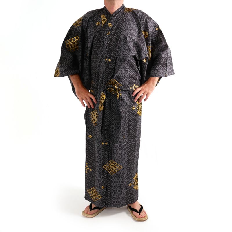 Yukata japonais noir en coton pour homme -HANABISHI 