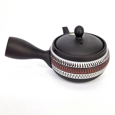 Teiera giapponese kyusu tokoname marrone con motivi a linee rosse e bianche, RYUSAKU, 280 cc