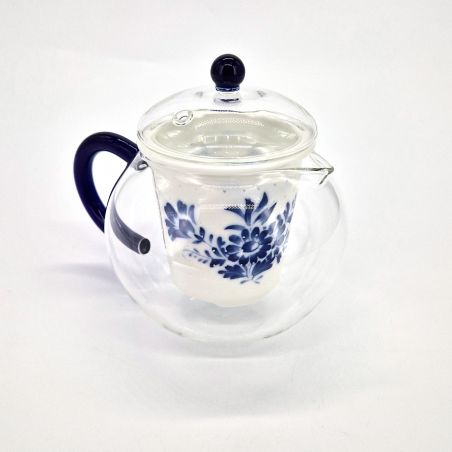 Teiera in ceramica giapponese con manico, IKIWATARU, linea nera e blu