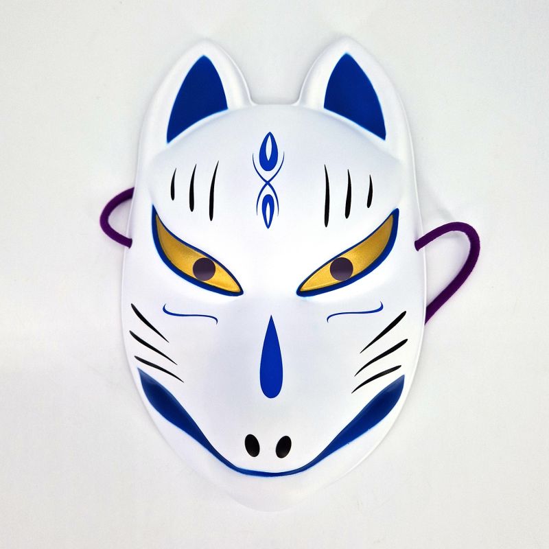 Masque de renard japonais traditionnel, KITSUNE, bleu aux yeux Or