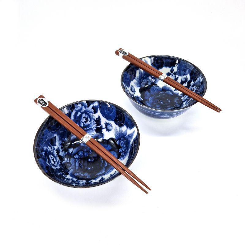 Set de 2 bols bleus japonais en céramique bleu et blanc motif pivoine - BOTAN