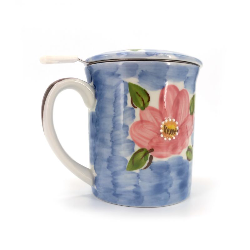 Japanische Teetasse aus Keramik mit Deckel und Filter, Blumenmuster, FURAWAZU