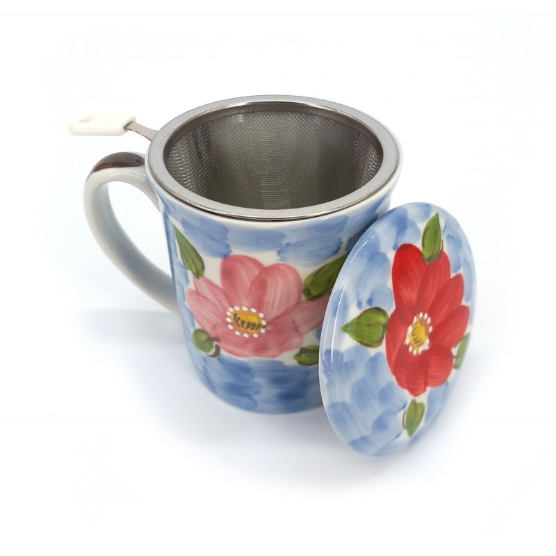Japanese ceramic tea cup with lid and filter, flower patterns, FURAWAZU