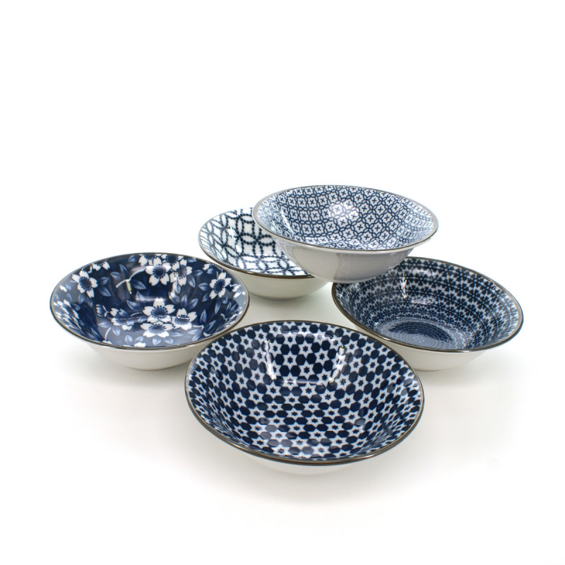 set de 5 bols traditionnels japonais avec motifs de fleurs couleur bleu et blanc en porcelaine SHIMITSU