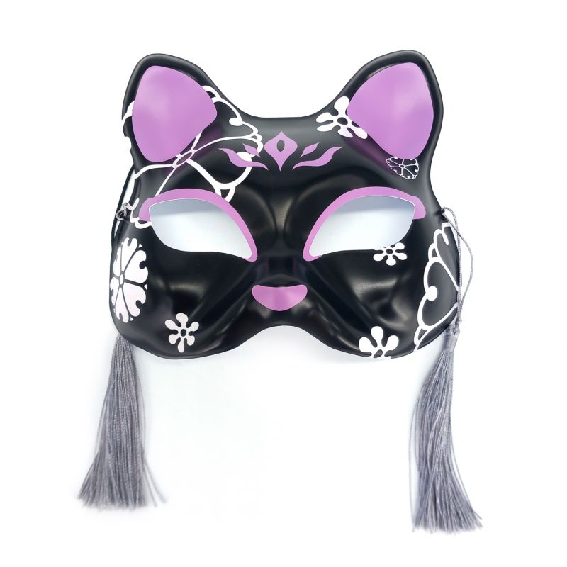 Demi-masque japonais de chat noir et violet motif fleur, NEKOHANA