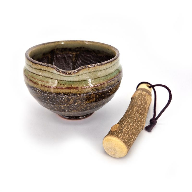 Japanese ceramic suribachi bowl - SURIBACHI - brown, green