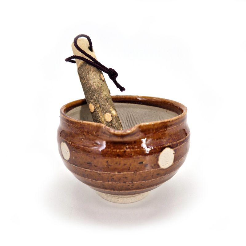 Ciotola suribachi in ceramica giapponese con pestello in legno, DAIDOKORO, 9 cm