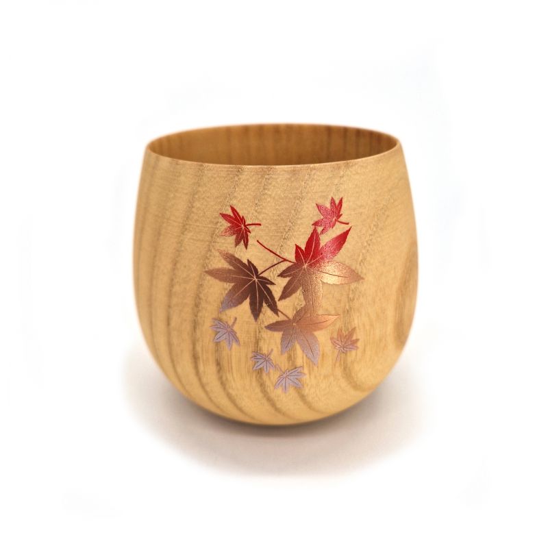 Tasse à thé japonaise en bois natsume motif feuilles d'érable, MOMIJI 1