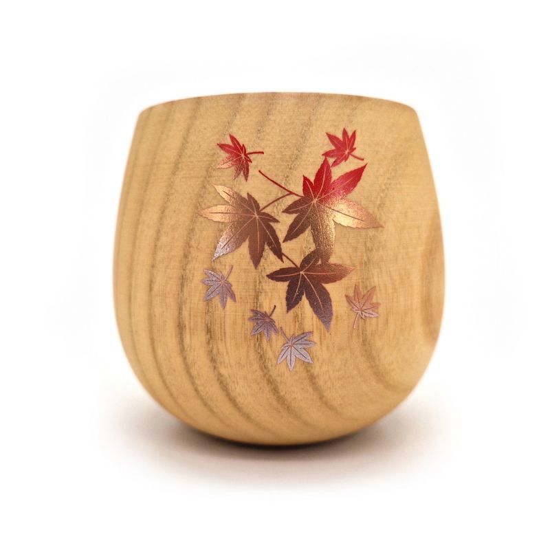 Tasse à thé japonaise en bois natsume motif feuilles d'érable, MOMIJI 1