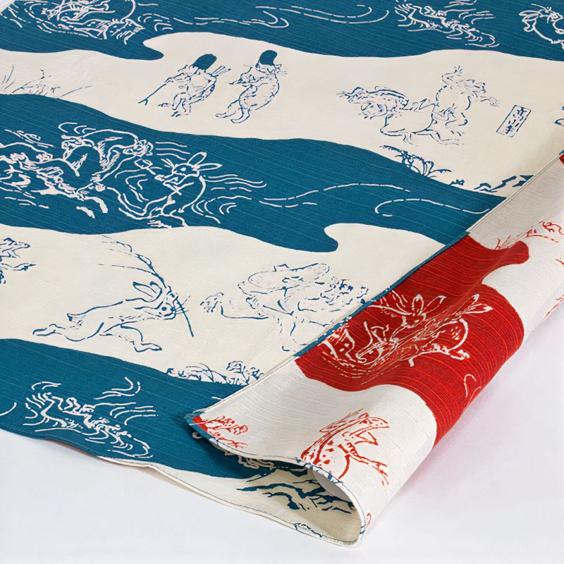 Reversible Japanese furoshiki in green and red cotton with monkey and rabbit pattern, EMAKI, 48 x 48 cm