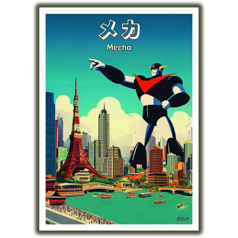 affiche / illustration japonaises "MECHA" robot géant à Tokyo, by ダヴィッド