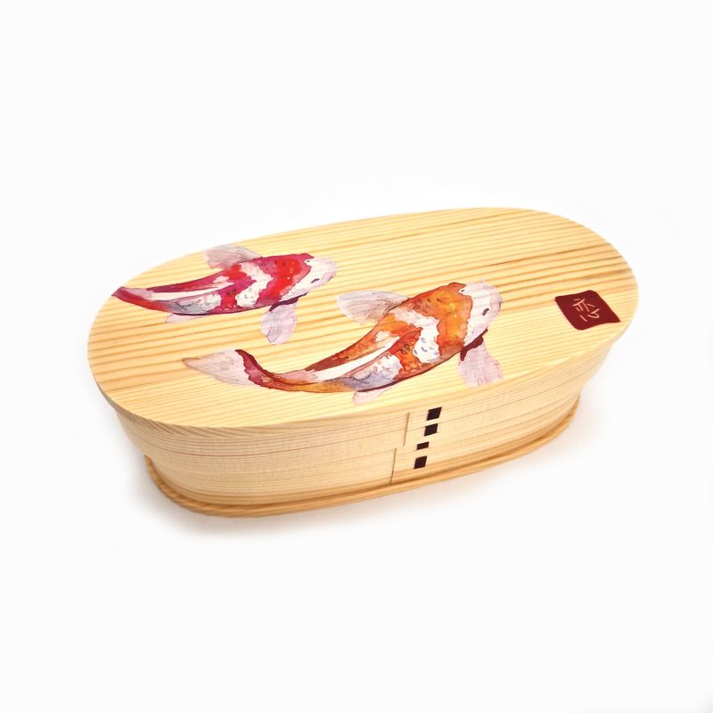 Fiambrera Bento japonesa ovalada de madera con estampado de peces, NISHIKI 2