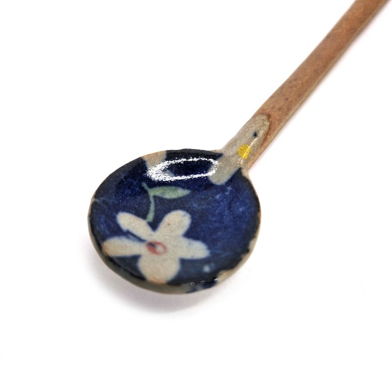 Japanischer Keramiklöffel, blaue Blumenmuster, AOI HANA