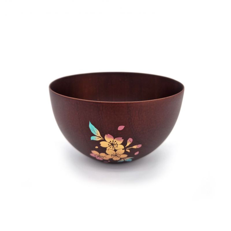 Japanese brown wooden bowl, cherry blossoms - SAKURA NO HANA