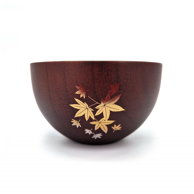 Japanese brown wooden bowl, autumn leaves - MOMIJI