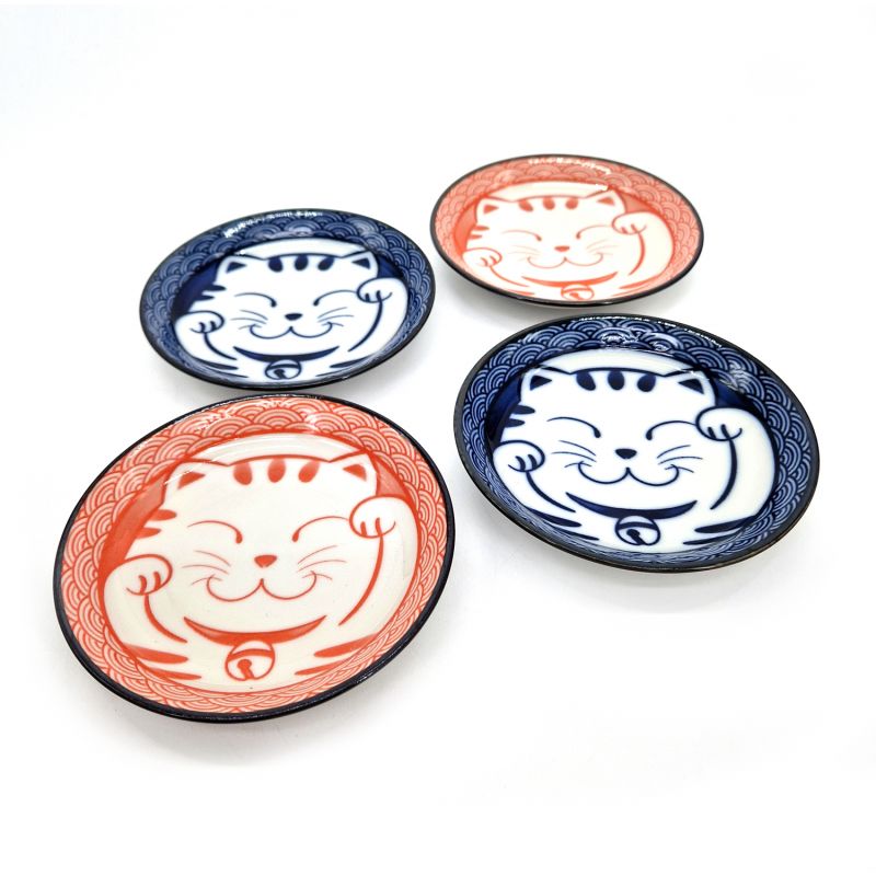 Set aus 4 kleinen blauen und rosa Keramiktellern mit Katzenmuster – NEKO