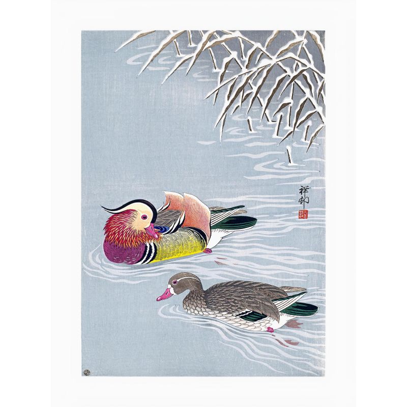 Estampe japonaise, Deux canards mandarins et neige,OHARA KOSON